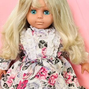 Vintage Simba Doll Classic Floral Dress Doll with Blonde Hair - Pink & White